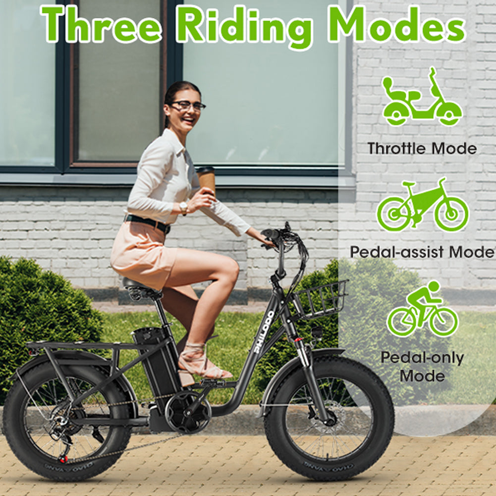 (EU Stock)PHILODO T1 Electric Bike for Adults, 48V 20Ah Fat Tire Ebike Single Motor AWD 750W 15.6MPH Electric Bicycles 7-Speed Hydraulic Disc Brake-Black