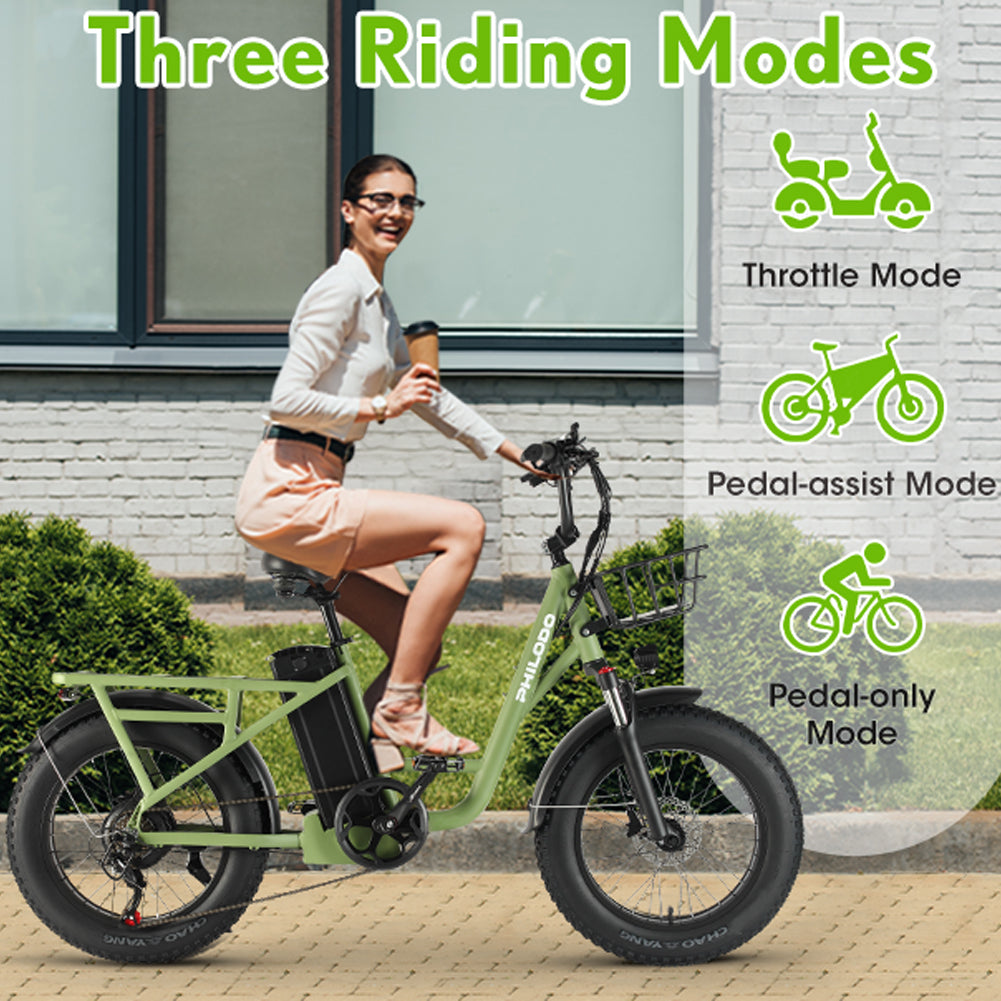 (EU Stock)PHILODO T1 Electric Bike for Adults, 48V 20Ah Fat Tire Ebike Single Motor AWD 750W 15.6MPH Electric Bicycles 7-Speed Hydraulic Disc Brake-Green